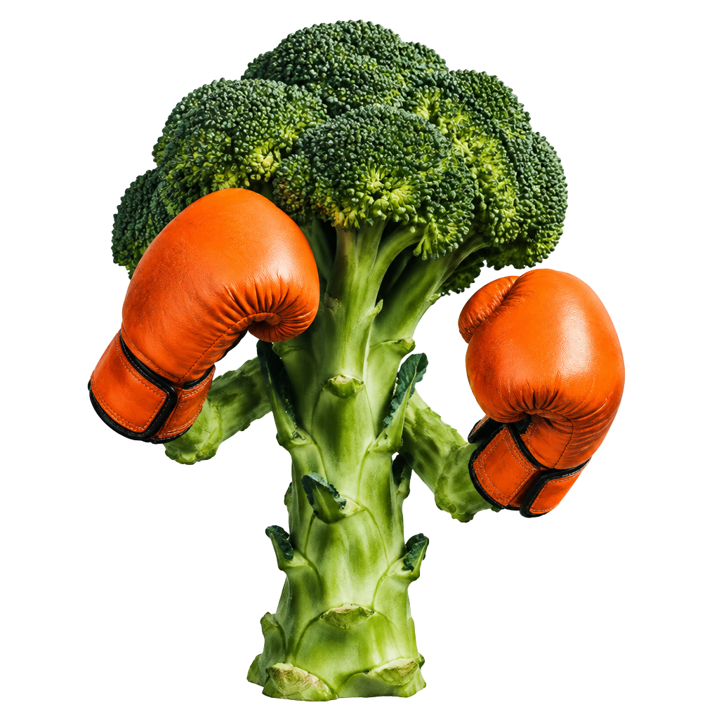 A broccoli stalk with orange boxing gloves, ready for a friendly debate